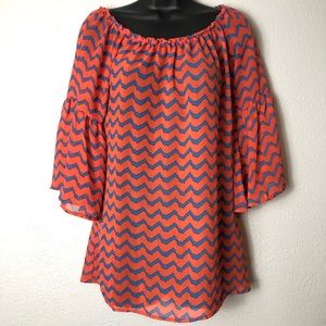 VOLL Orange geometric chevron boho sheer shirt S